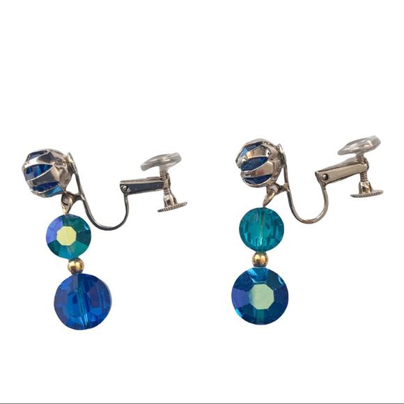 Vintage Earrings Blue Aurora Borealis Crystals Screw Back Dangle Earrings - Picture 2 of 6